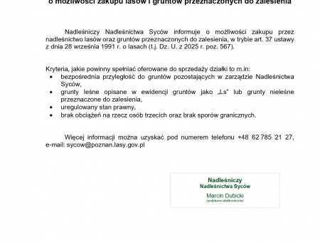 Ogłoszenie o możliwości zakupu lasów i gruntów przeznaczonych do zalesienia